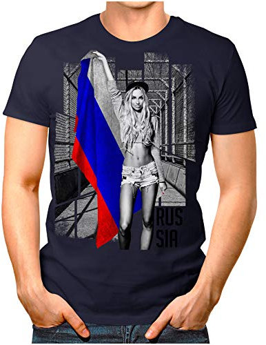 OM3® - Russia-Soccer-Girl - Herren T-Shirt Fan Support Fußball Trikot Sexy Frau Russland Vintage Navy 3XL
