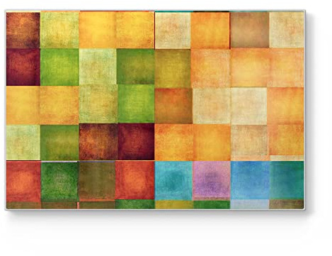 DEQORI Schneidebrett aus Glas | groß 30x20 cm | Motiv Bunte Farbquadrate | Design Schneideplatte für Küche | Frühstücksbrett antibakteriell & rutschfest | Glasplatte & Servierplatte