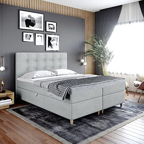 Boxspringbett Dante - Doppelbett, Bett mit Bonellmatratze und Topper, 2 Bettkästen für Bettwäsche, Polsterbett, Modern, Elegant, Schlafzimmer, Schlafzimmermöbel, Schlafzimmerbett (140x200, Grau)