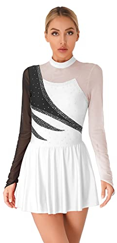 iEFiEL Damen Langarm Ballettkleid Eiskunstlauf Kleid mit Glitzer Kristallen Ballettkleidung Gymnastik Leotard Turnanzug Tanzkostüm Zf Weiß XXL