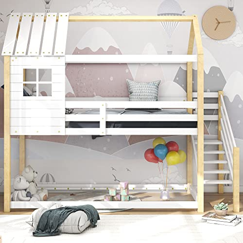 Baumhaus Kinderbett, Bett mit Ecktreppe, Hausbett, Kinderbett mit Fallschutz und Gitter, mit Fenster, Rahmen aus Kiefer, weiß+Natur (200x90cm),Woodcolor