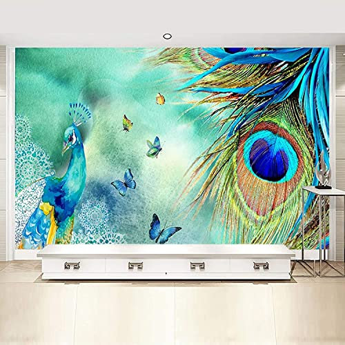 3D Selbstklebende Leinwandtapete Großes Wandbild Fototapete Moderne Schöne Blaue Pfauenfedern Poster-Tapete, Dekoratives Wandbild, Heimdekoration Für Teenager-Schlafsaal 200 (Breite) x 150 (Höhe) cm