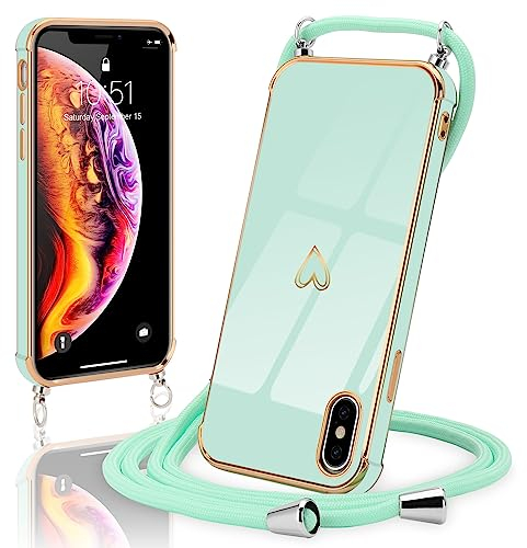 Micoden Handykette kompatibel mit iPhone X,iPhone XS hülle Ultra dünn Kameraschutz Herz Love Design Galvanik Silikon Bumper Kordel zum Umhängen Handyhülle mit Band Schutzhülle,Mintgrün