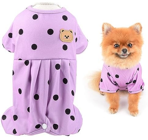 SMALLLEE_LUCKY_STORE Small Dog Clothes Cute Retro Dots Puppy Pajamas Pjs Belly Cover Cat Pyjamas Stretchy Jumpsuit Warm Sleepwear Outfits for Yorkie Chihuahua,Purple,M