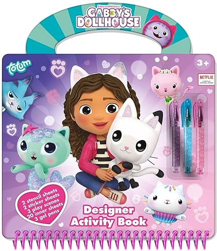 TM ESSENTIALS Gabby's Designer Buch - Malset für Kinder mit Zeichenbuch, Stiften und Aufklebern - Kreativset mit Schablonen und Tragegriff, bunt