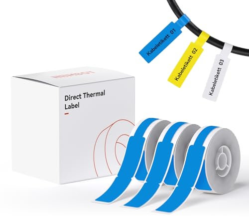 NIIMBOT Thermo Kabeletiketten, 12.5 x 109mm Etikettendrucker Thermo Papier Kompatibel mit dem D110 D11 D101 H1S Etikettendrucker, 65 Etiketten/Rolle (3-Rollen-Pack) (Blau)