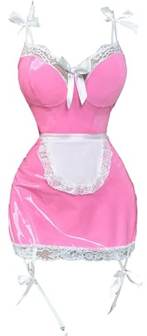 FEESHOW Damen Kostüm Dienstmädchen Kleid Latex Lack Maid Kleid Schürze Strümpfe Set Fasching Karneval Kostüm Französisches Magd Cosplay Outfit Rosa_J L