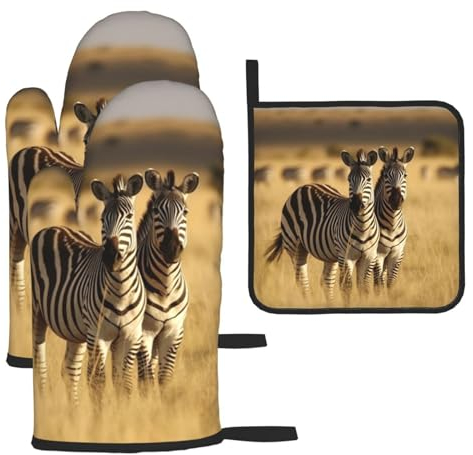 Ofenhandschuhe und Topflappen mit Zebra-Motiv im Gras, 3-teiliges Set, hitzebeständig, dicker Küchenhandschuh und Topflappen zum Kochen
