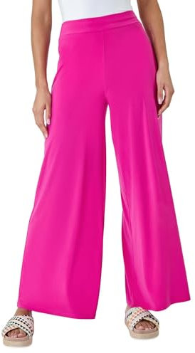 Roman Originals Wide Leg Trousers for Women UK Ladies Palazzo Pants Evening Jersey Elasticated High Waist Smart Flared Culotte Office Work Going Out Loose Crepe Bottoms - Pink - Size 16