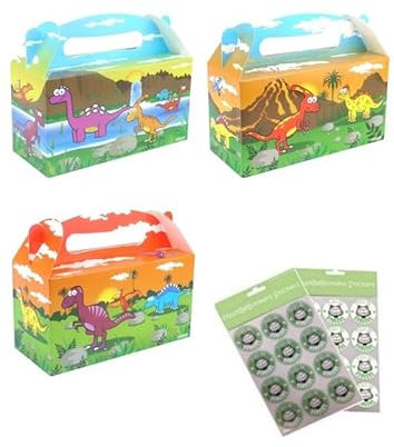 MustBeBonkers LARGE PARTY BOXES - PACK OF 12 - Children/Kids Party Food Boxes Picnic Carry Meal Box Birthday Party Box With Sticker Seals (Dinosaurs)