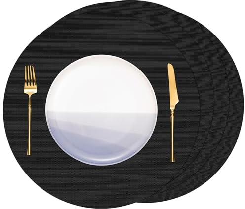 Banchif Platzsets abwaschbar Tischsets abwaschbar Rund 38 cm Platzdeckchen | Platzsets abwaschbar 4er Set Platzdeckchen PVC Rund rutschfest Tischsets abwischbar gewebte Vinyl (Schwarz)