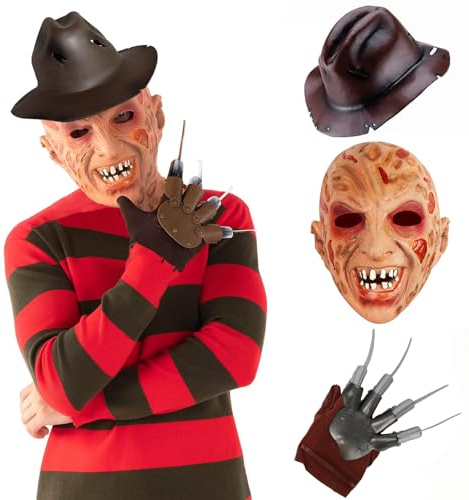 Claofoc Freddy Krueger Kostüm für Kinder Halloween 4-teilig Horror Freddy Pullover mit Maske Claw Hat Handschuhe On Elm Street Freddy Krueger Cosplay Kostüm (XL)