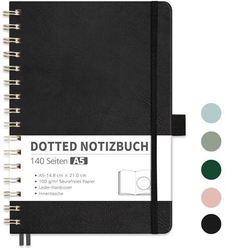 RETTACY Notizbuch A5 Dotted, Bullet Dot Journal mit 100 g/m² Dickem Papier, 70 Blatt, Notebook für Büro und Schule, Lederhülle, Schwarz, 14.8 cm x 21 cm