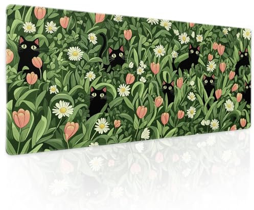 Kawaii Gaming-Mauspad mit grünen Pflanzen, XL, niedliche schwarze Katze, Blume, Cottagecore, erweiterte große Schreibtischunterlage, rutschfeste Gummiunterseite, genähter Rand, lange Tastatur-Mauspad