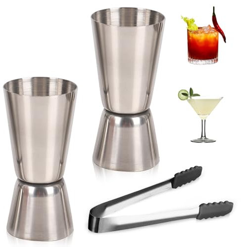 Cocktail Messbecher, 2 Stück Jigger 2cl/4cl mit Eiszange Doppelter Barmaß Edelstahl Spirituosen Messbecher Doppelmaß Bar Messbecher Cup für Gin Whiske Bar Zubehör
