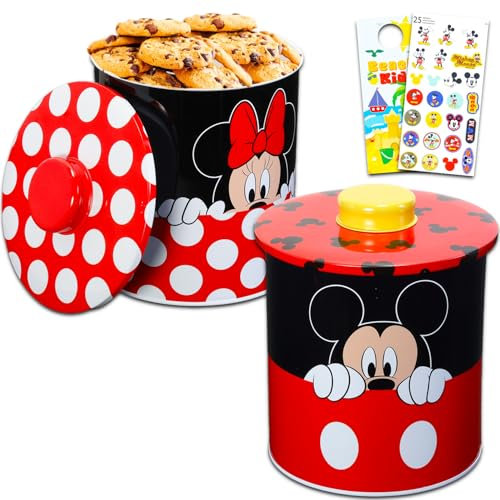 Disney Set di barattoli per biscotti con Topolino e Minnie, confezione con 2 barattoli in latta con coperchio per snack, biscotti, oggetti essenziali per il bagno, altri adesivi e accessori da cucina