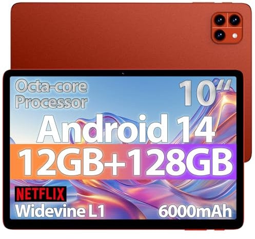 Android Tablet, 10 inch Android 14 Tablet, Octa-core CPU, 2 Years Protection, RAM 12GB, ROM 128GB (Up to 2 TB), 800x1280 Resolution, WiFi 6&Bluetooth 5.4, Dual Cameras, Dual Speakers, 6000mAh,Orange