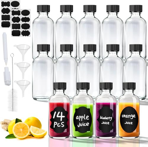 DKBT 14 Stück 60ml Ingwer Kleine Shot Flaschen zum Befüllen Glas Shotgläser mit Deckel Mini Glasflaschen Small Bottles mit Trichter Etiketten Pipettenpinsel und Stift Schnaps Whisky Likör