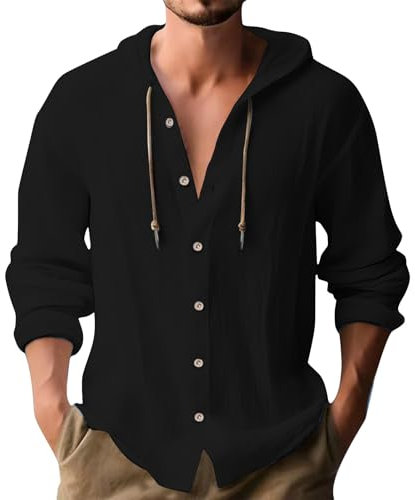 Generico Camicia in Lino Uomo Estiva Elegante Cotone E Lino Camicie con Cappuccio Leggera Comode Casual Shirts con Tasca Coreana Maglietta Maniche Lunghe con Bottoni Traspirante T-Shirt da Uomo