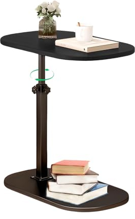 YYW C Shaped End Table, Adjustable Height with Wheels, Glossy Black (Glossy Black)
