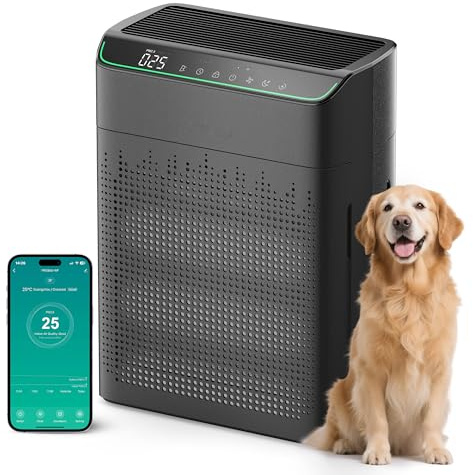 Purificatori d'aria per la casa di grandi stanze, compatibili con Wi-Fi e Alexa, filtro HEPA a doppia faccia con ingresso d'aria intelligente purificatore d'aria per fumo, nero