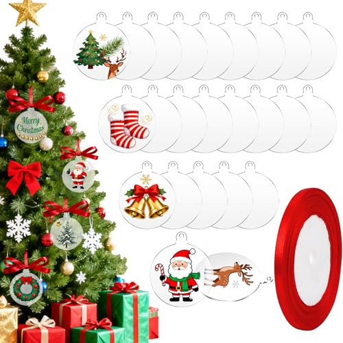 24 Stück Acrylglas Platte, Acrylplatte Transparent mit Rotem Band, Acrylscheibe Rund mit Loch, Weihnachtskugeln zum Bemalen, Geeignet für Christbaumschmuck, Hochzeitsdekoration, DIY Handwerk