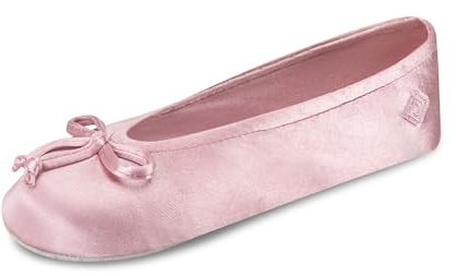 isotoner Satin Ballerina House Slipper With Bow and Faux Suede Sole, Women's Slipper