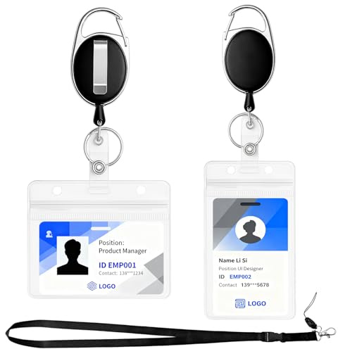 Zeeorymn Porte Badge Avec Porte Carte Transparent,Comprend - 1 Cordon, 2 porte Badge Enrouleur et 2 Carte étanche, Pour Cartes de Crédit, Cartes d'Identité,Porte Carte Bus.