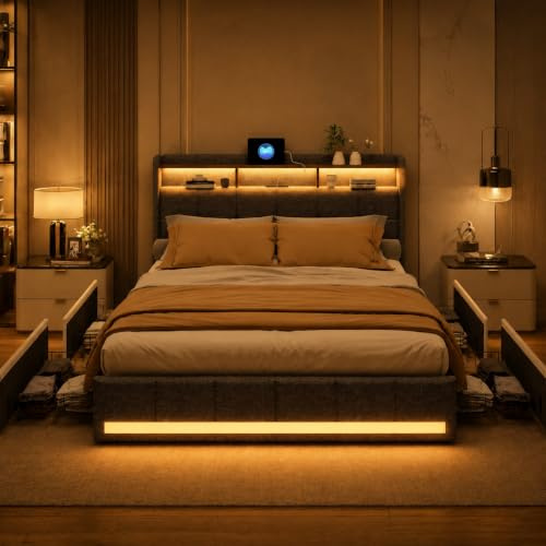 Polsterbett Doppelbett 180x200 cm, Staufach-Kopfteil mit LED und USB Ladestation, Bett 180x200 mit Bettkasten und Lattenrost, Jugendbett Funktionsbett Stauraumbett mit 4 Schubladen, Leinen