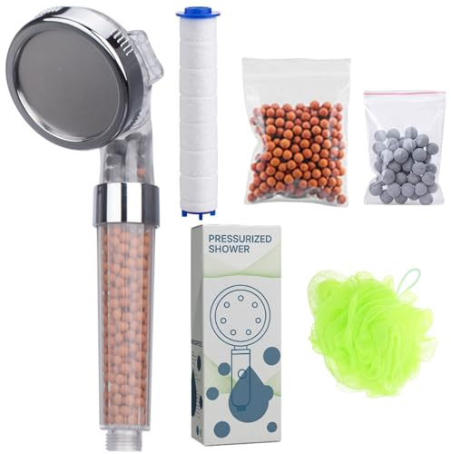 Alcachofa de Ducha con Filtro, Cabezal de ducha, Ducha de Mano + 2 Recambios de piedras purificadoras, filtro de algodon y esponja de ducha, 3 Modos de Spray, Alta Presión 200%, Ahorro de Agua 30%