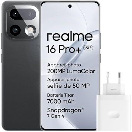 realme 16 Pro+ 5G Smartphone, 12+512GB, Fotocamera 200MP OIS, Obiettivo Ritratto 50MP, Batteria 7000mAh, Display Curvo 6,8 144Hz, Ricarica 80W, Funzioni AI, Dual SIM, Grigio(con Adattatore)