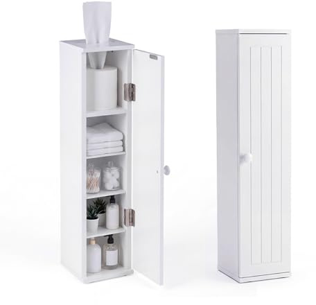 COSTWAY Toilettenschrank 17cm tief, 2er Set Badezimmerschrank schmal modern | Mit Papierausgabe, Nischenschrank Holz mit 3 abnehmbaren Regalen, Aufbewahrungsschrank für Wohnzimmer Badezimmer