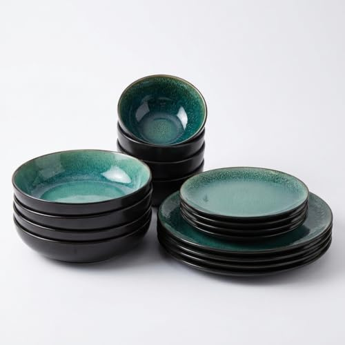 Rivah Green Reactive Glaze Stoneware Tableware Set 16 Piece | Service for 4 | Dishwasher Safe | Nordic Artisan Dinnerware | Scandi Home