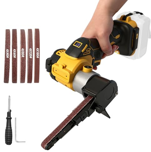 Cordless Belt Sander Compatible with Dewalt 20V Battery, 0-13000RPM 360° Adjustable Brushless Belt Grinder with 20 Sanding Belt for Wood Metal Plastic (Yellow for Dewalt)