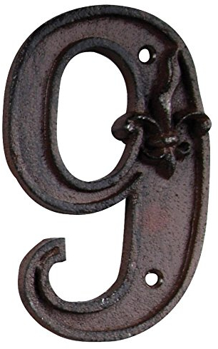 Esschert Design Hausnummer 9, mit Lilien Muster aus Gusseisen in antikbraun, patiniert, ca. 8 cm x 12 cm