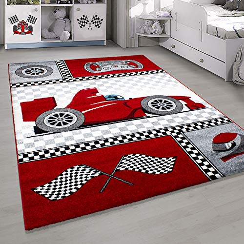 HomebyHome Kinderteppich Rot 160x230 cm Rennwagenmuster Großer Jungen Teppich Kinderzimmer Kurzflor Teppich Extra Weich Antiallergen Babyzimmer Teppich