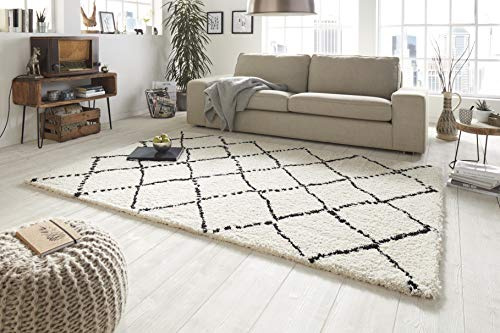 Mint Rugs Allure Teppich Hochflor Wohnzimmer-Teppich Weich Flauschig Langflor Shaggy Flokati Rauten Muster für Wohnzimmer Küche Flur oder Schlafzimmer Creme-Schwarz 80x150 cm