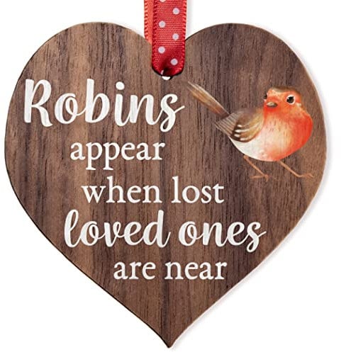 Manta Makes Robins appear when loved ones are near - Wooden Hanging Heart Memorial Christmas Tree Decoration Plaque Bauble