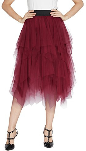 Urban GoCo Mujeres Enagua Falda Corta Midi Tul Damas Cintura Elástica Asimetricas Tutu Falda para Fiesta Danza (XL, Vino Rojo)