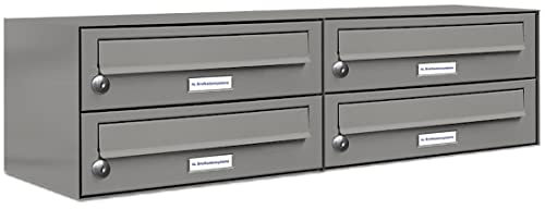 AL Briefkastensysteme 4er Briefkastenanlage Aluminiumgrau RAL 9007, Premium Briefkasten DIN A4, 4 Fach Postkasten modern Aufputz