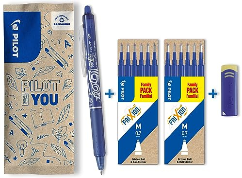 PILOT FriXion Clicker 0.7 – 1 Stift/12 Minen/1 Radierer – Farbe Blau – Radierbarer, nachfüllbarer Gel-Tintenroller mit Druckmechanik und thermosensitiver Tinte, mittlere Spitze