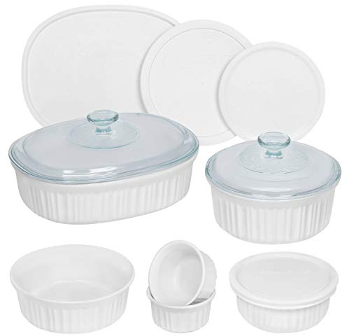 CorningWare French White 12-Pc Ceramic Bakeware Set with Lids Chip and Crack Resistant Stoneware Baking Dish, Microwave, Dishwasher, Oven, Freezer and Fridge Safe