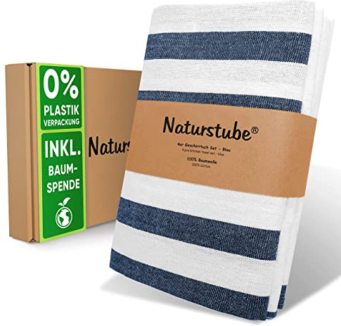 Naturstube® Geschirrtücher Set [4 Stück] - Saugstarke & nachhaltige Geschirrhandtücher aus 100% Baumwolle, weiß blau kariert/gestreift je 50x65cm