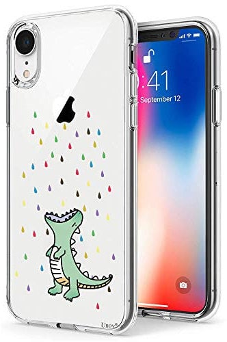 Unov Case Compatible with iPhone XR Case Clear with Pattern Slim Protective Soft TPU Bumper Embossed Design Shock Absorption 6.1 Inch (Rainbow Dinosaur)