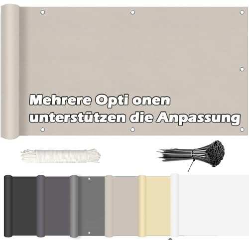 ROBAG Balkon Sichtschutz Balkon sichtschutz Stoff, Balkon sichtschutz Ideen Wasserabweisend Sonnenschutz mit Ösen Nylon Kabelbinder und Kordel, für Gartenzaun Balkonzaun, 95x300cm, Taupe