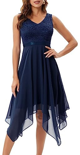 Meetjen Damen Elegantkleid Spitzen A-Linie Festlich Hochzeitsgast Sexy Ärmellos Sommer Partykleid Abendkleid Marineblau XL