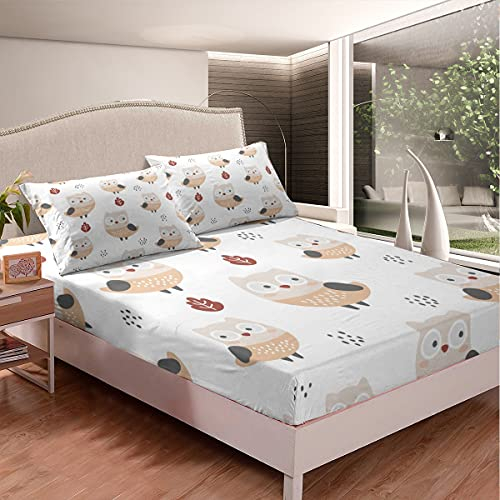 Eule Spannbetttuch Kinder Karikatur Eulen Muster Spannbettlaken 140x200cm Mädchen Niedlich Wildvogel Bettlaken Set für Jungen Zimmer Dekor Leicht mit 1 Kissenbezug