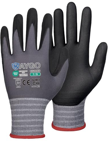 KAYGO Safety Work Gloves MicroFoam Nitrile Coated 3 Pairs, KG18NB | 15G Seamless Knit Nylon Liner, Breathable, High Dexterity, Non-Slip Grip in Oily for Warehouse, Automotive, DIY (Gray, S)