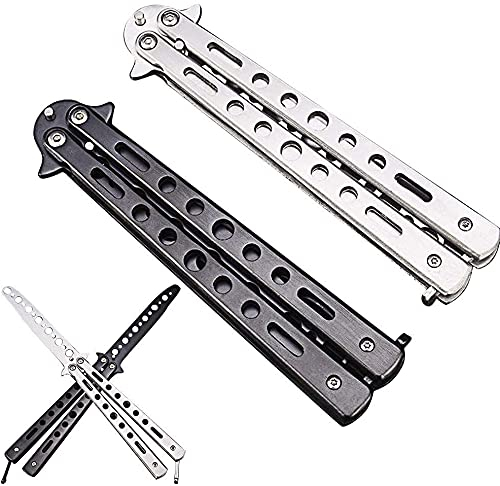 deuvuo Couteau papillon, 2 pièces Butterfly Knife100% Acier Inoxydable, Lame Non Tranchante Sans Danger Couteau Papillon Entrainement Balisong, Schwarz Und Silber