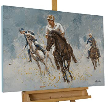 KunstLoft Leinwandbild | 100% HANDGEMALT | 90x60cm | Gemälde 'Polo Game' | Sport | Blau Gold | Wandbild Wohnzimmer